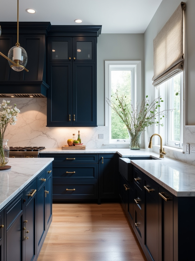 Dark blue kitchen cabinets with brass hardware and white marble countertops