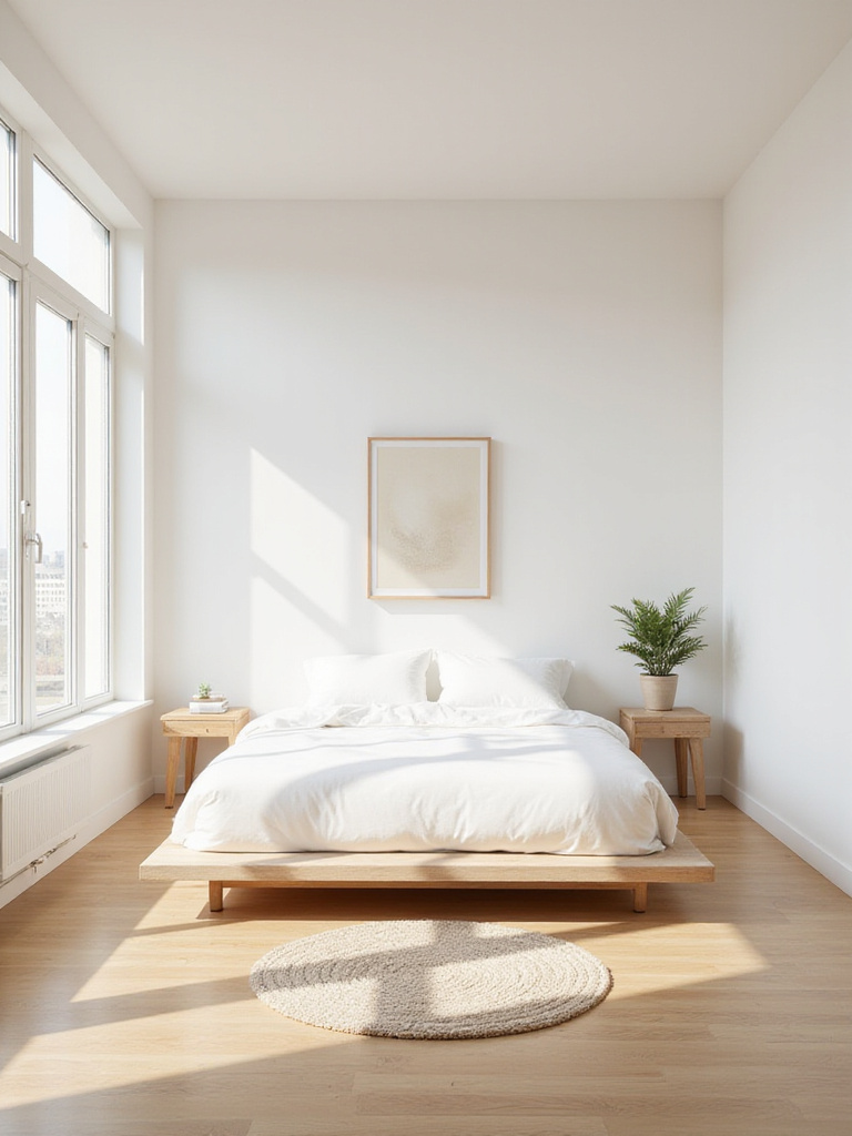 Minimalist bedroom with neutral colors and simple, uncluttered decor