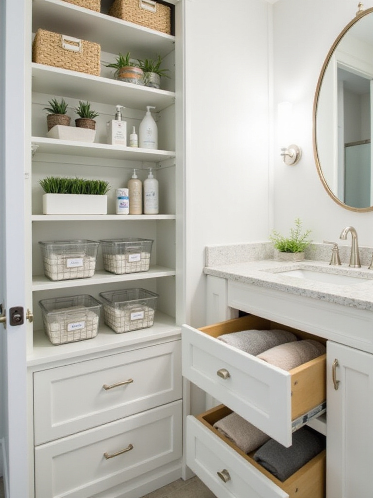 Organized bathroom drawers and cabinets with clear organizers and neatly arranged toiletries.