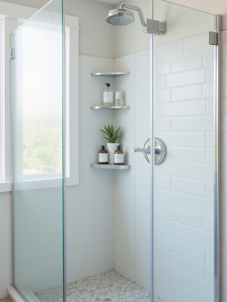Minimalist shower stall with stainless steel corner shelf and clear product bottles.