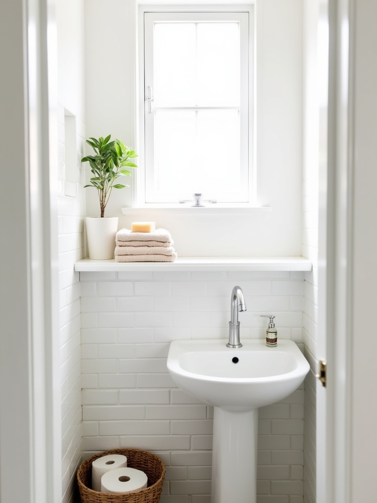 Small minimalist bathroom with decluttered countertop and floating shelf, featuring essential items only.