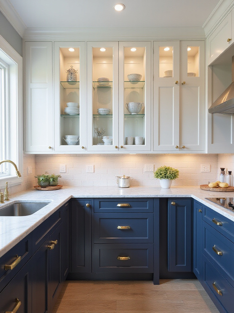 Modern kitchen featuring a mix of shaker, slab, and glass-front cabinet styles.