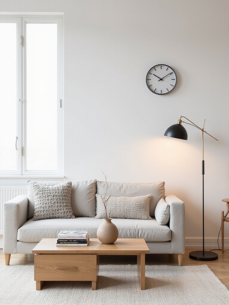 Minimalist living room featuring a functional coffee table with storage and a stylish floor lamp.