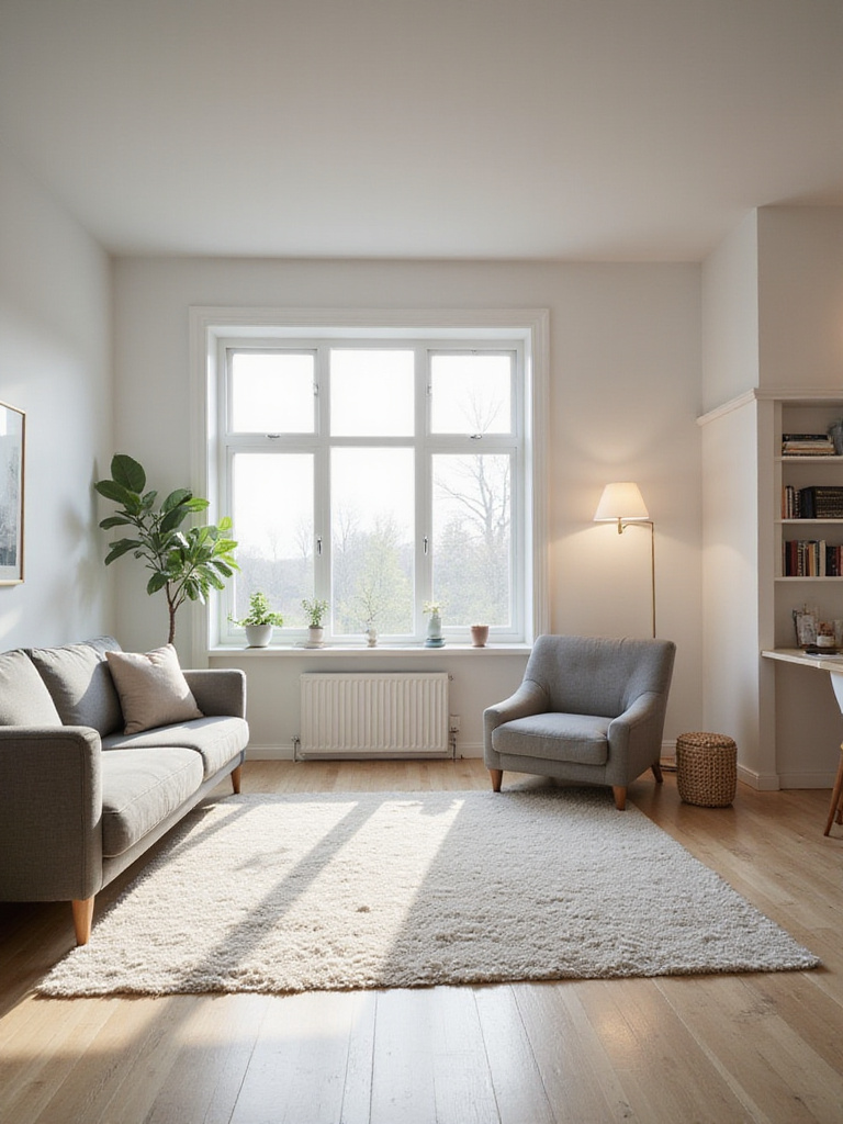 Minimalist living room with defined zones for relaxation, reading, and work.