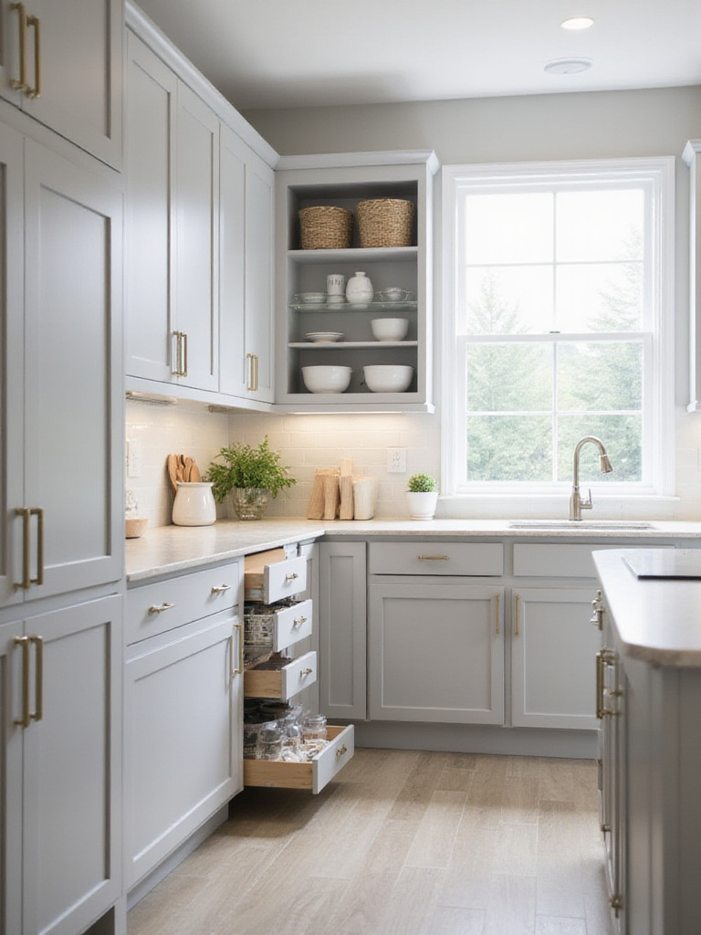 Modern kitchen featuring custom gray cabinets with optimized storage solutions.