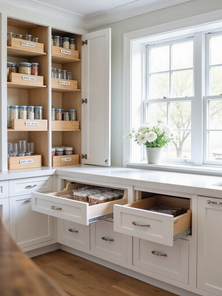 Eco-friendly kitchen with smart storage solutions to minimize food waste, featuring pull-out shelves, clear containers, and a built-in compost bin.