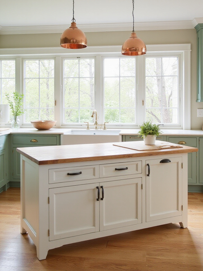 Spacious farmhouse kitchen featuring a large island with butcher block countertop and farmhouse sink.