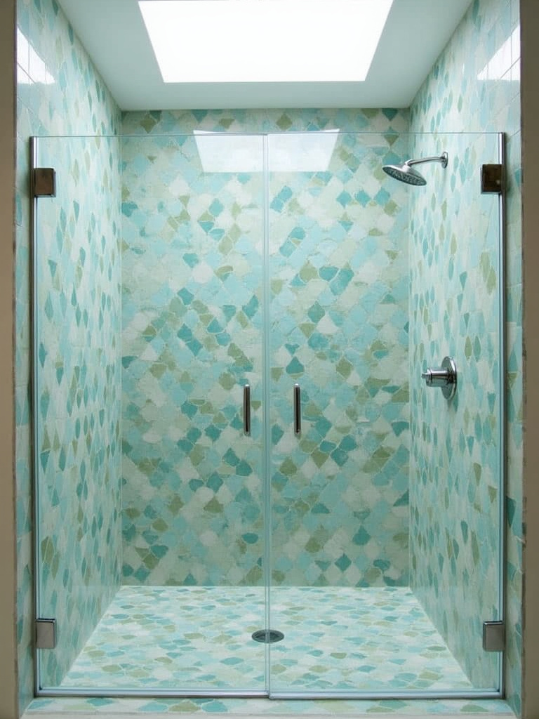 Ocean-inspired walk-in shower in a coastal bathroom with mosaic tiles in blue and green, creating a serene and spa-like retreat.