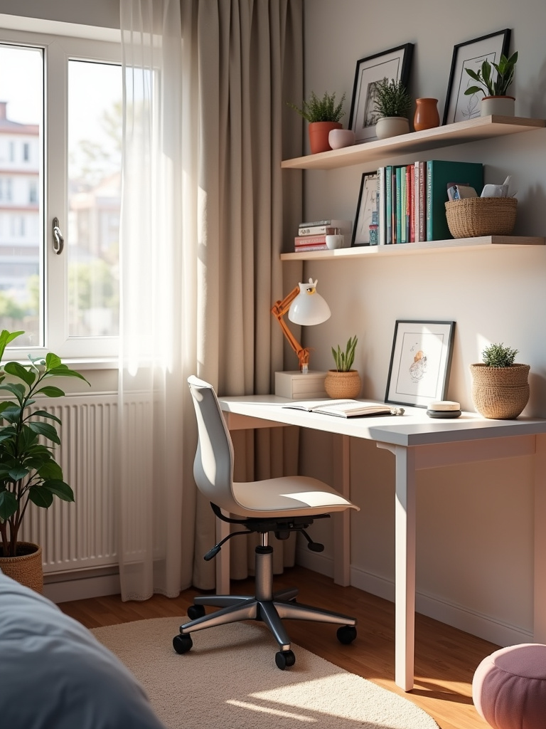 Teen bedroom desk zone designed for study success with ergonomic chair, desk lamp, and natural light.