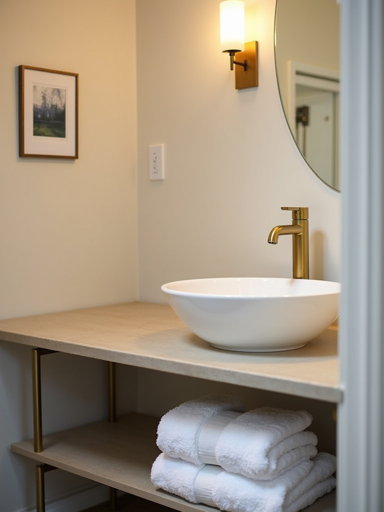 Bathroom renovation finishing touches: brushed gold faucet, abstract art, and plush towels.