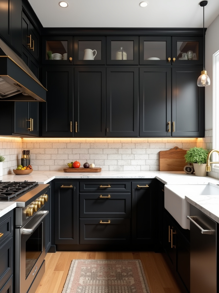 Black kitchen cabinets in a versatile kitchen design showcasing traditional, modern, and farmhouse elements.