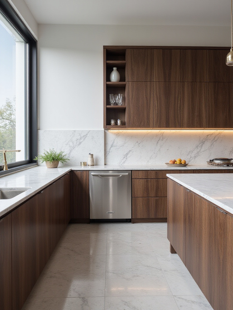 Luxury kitchen with panel-ready dishwasher seamlessly integrated into dark walnut cabinetry.