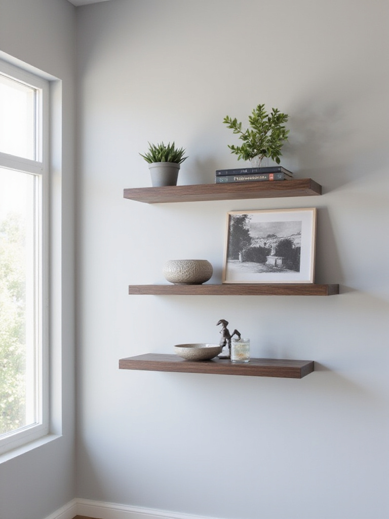 Modern living room with dark walnut floating shelves displaying curated decor items.