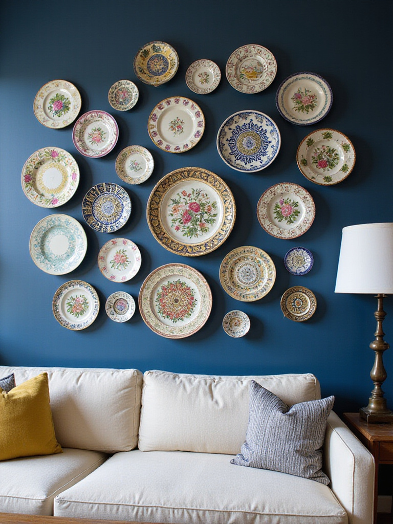 Decorative plates arranged on a living room wall for an elegant and global-inspired display.