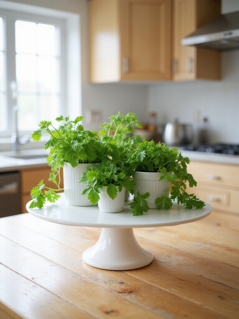 Kitchen table centerpiece featuring a variety of potted herbs displayed on a white ceramic cake stand.