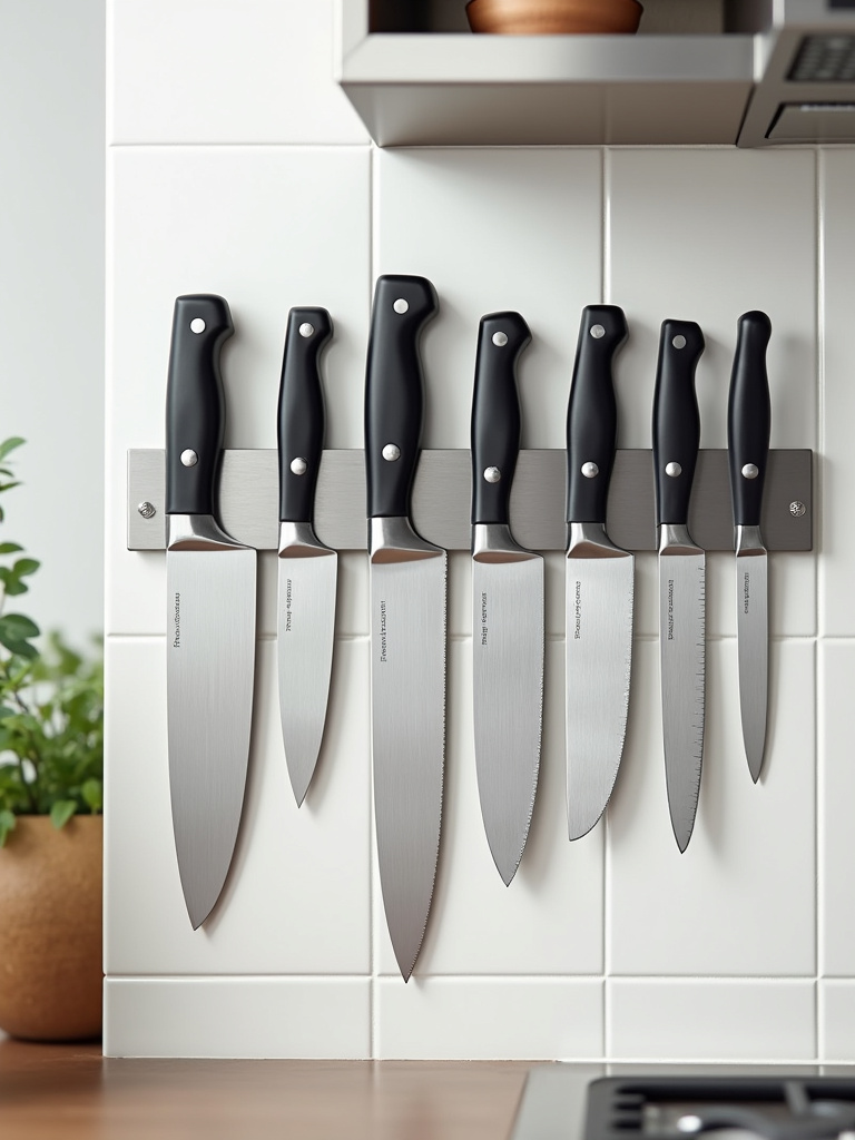 Magnetic knife strip displaying various kitchen knives, a stylish and safe kitchen storage solution.