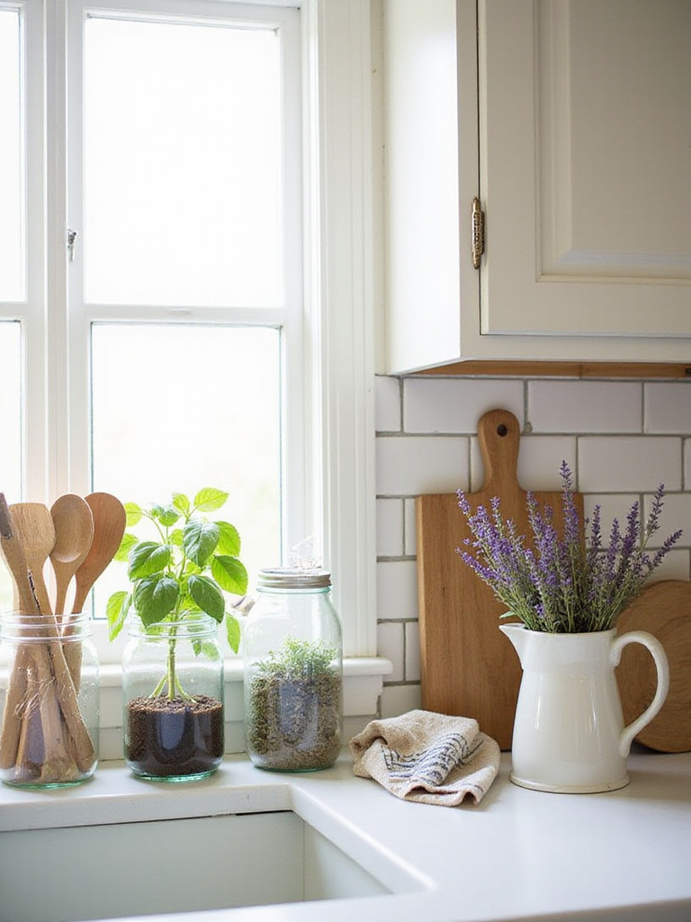 Mason jars holding utensils, herbs, and lavender on a cottage kitchen countertop