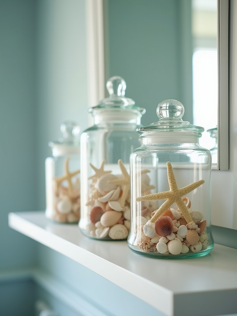 Coastal bathroom decor featuring seashells and starfish displayed in clear glass jars on a shelf, adding a touch of the sea.