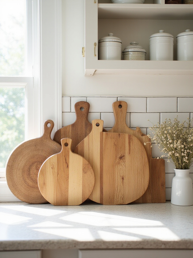 Wooden cutting boards displayed as decorative accents in a cottage kitchen.