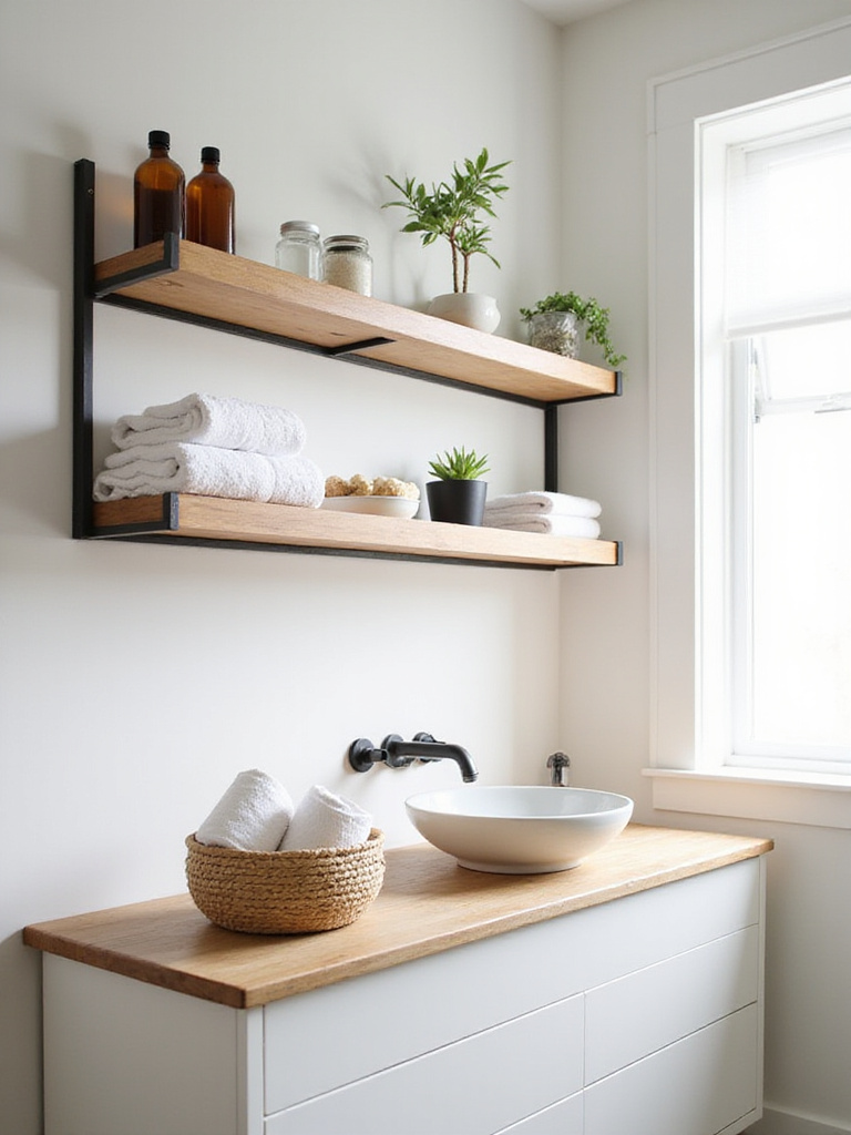 Bathroom open shelving with towels, plants, and decorative items