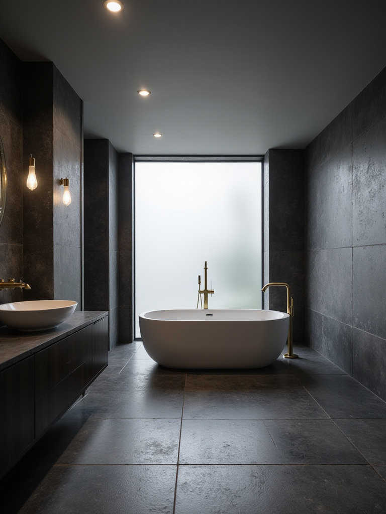 Moody and dramatic bathroom design with dark gray walls, white tub, and brass fixtures.