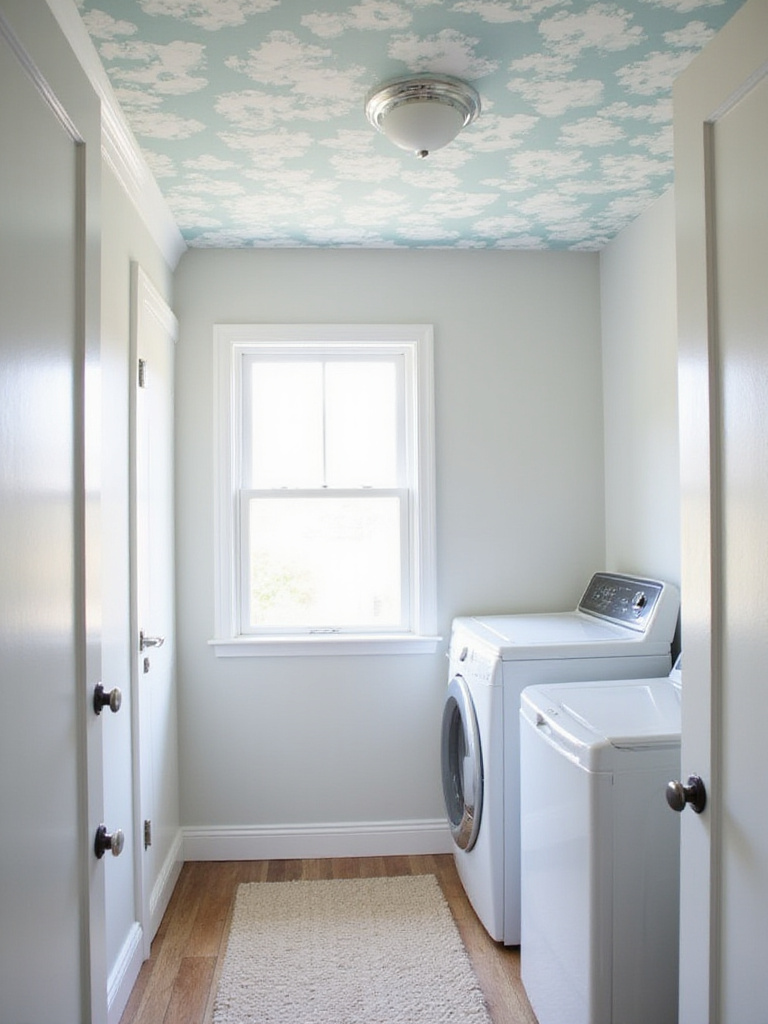 Laundry room with cloud wallpaper on the ceiling