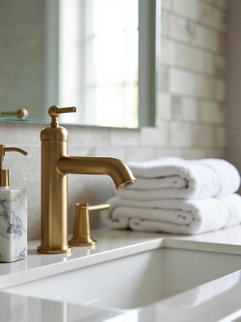 Bathroom vanity with modern brushed gold faucet, marble soap dispenser, and white towels.