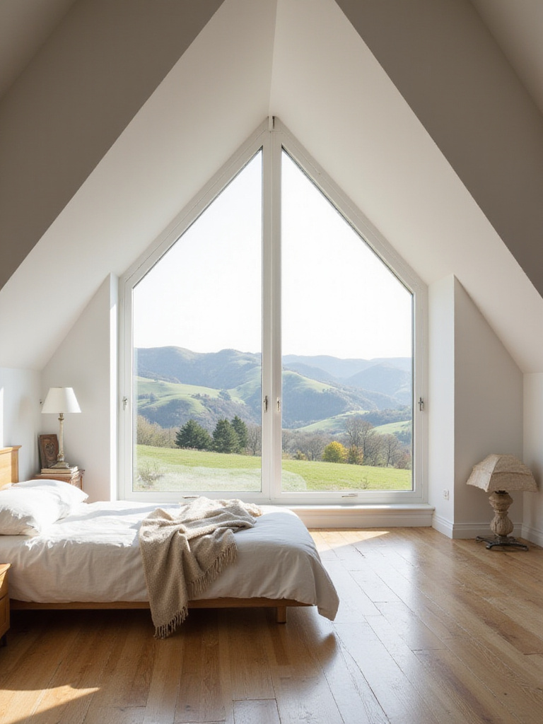 Bright attic bedroom with a gable dormer window providing natural light and a scenic view.