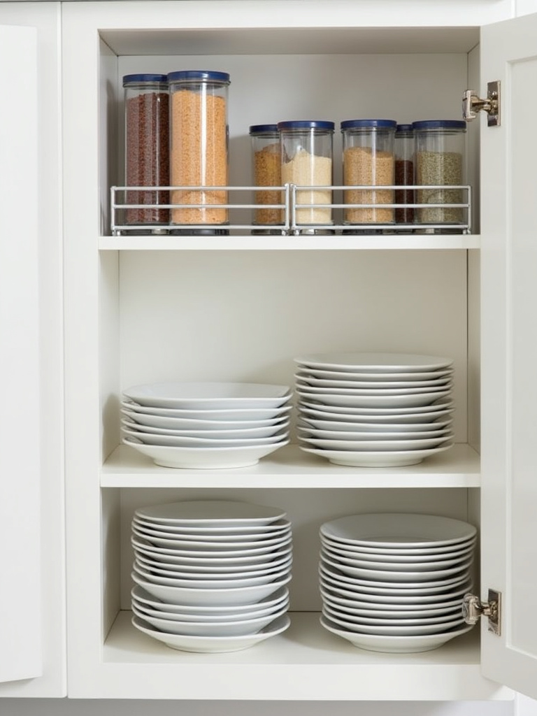 Shelf risers doubling storage space in a kitchen cabinet.