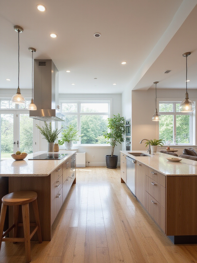 Modern kitchen with two islands: one for prep and one for cooking.