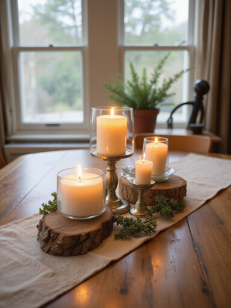 Kitchen table centerpiece with varying height candleholders