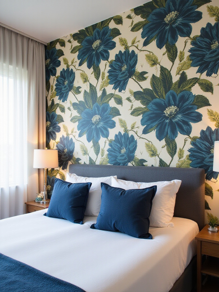 Bedroom with dramatic floral wallpaper accent wall