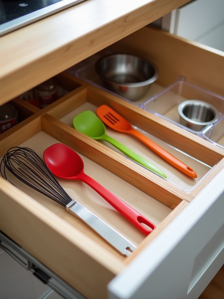 Well-organized apartment kitchen drawer with bamboo dividers and clear acrylic containers, holding various kitchen utensils.