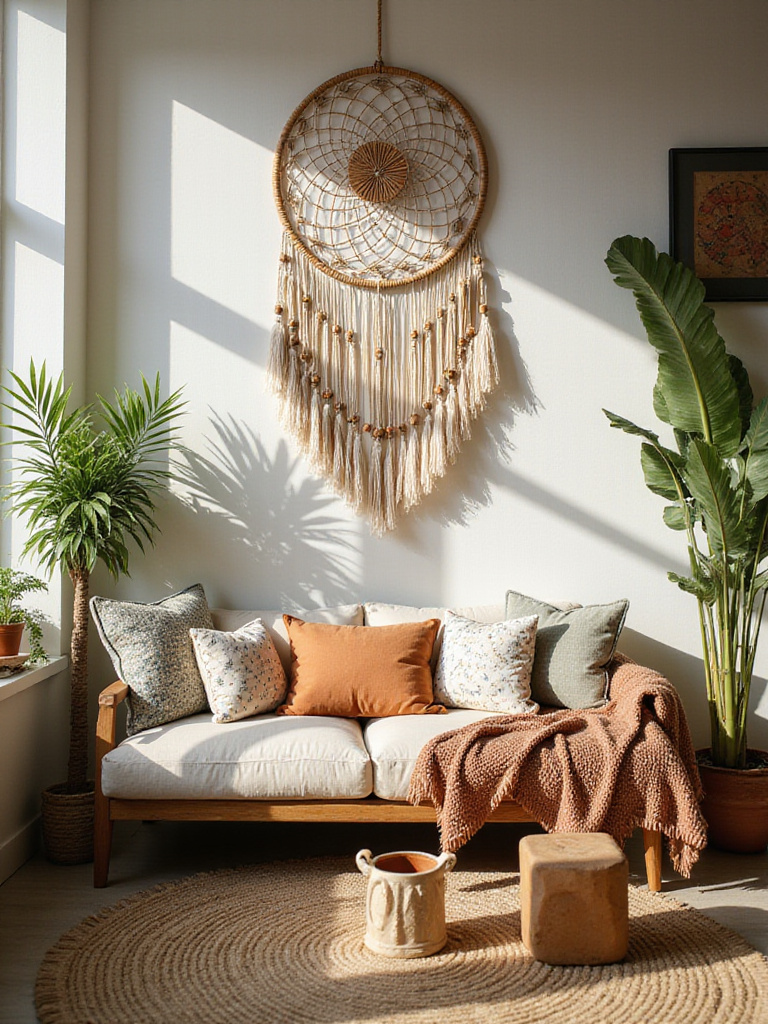 Boho living room with a large dream catcher hanging above the sofa