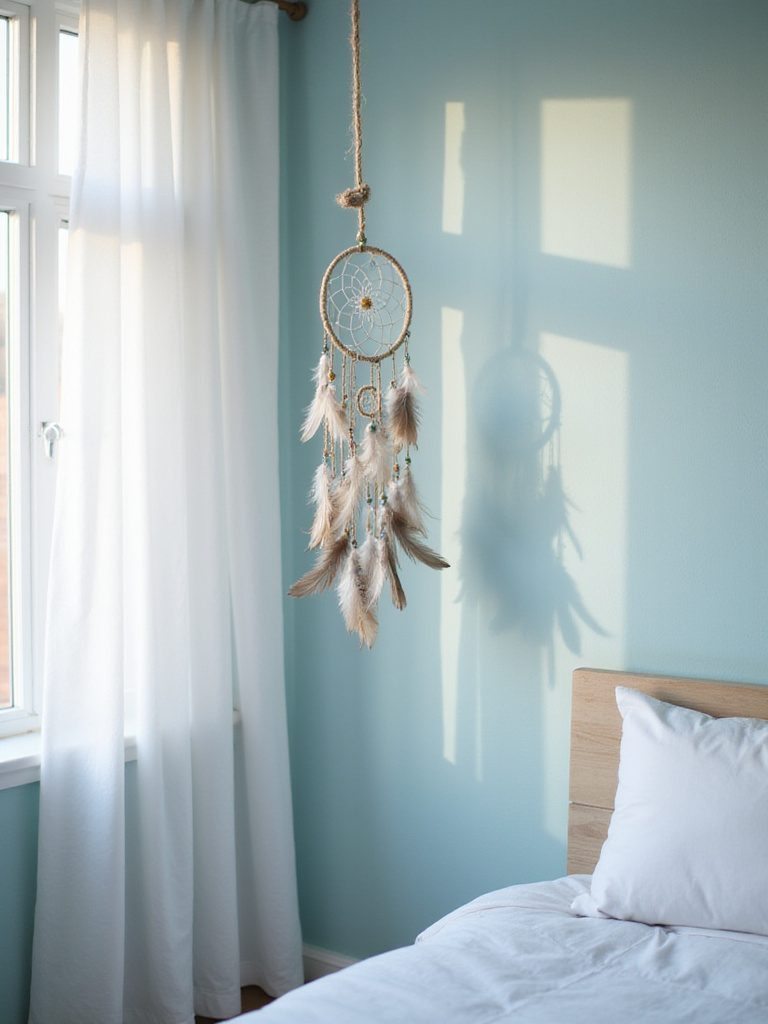 Dreamy bedroom featuring a handcrafted dream catcher mobile hanging near a window.