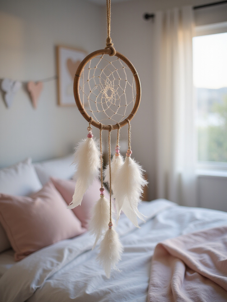 Dreamcatcher hanging above a bed in a girl's bedroom