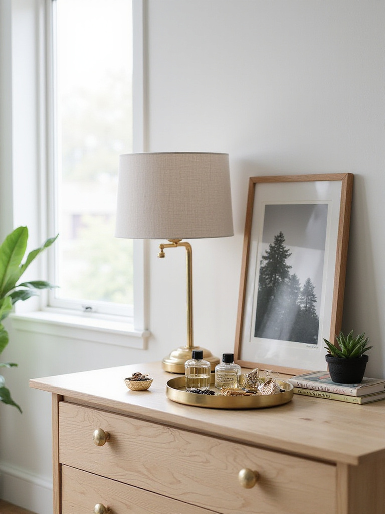 Stylish dresser top with lamp, jewelry tray, books, and plant