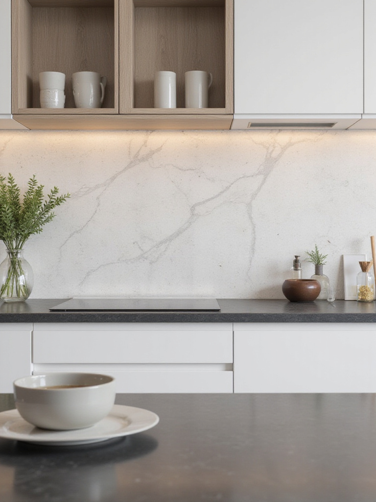 Modern kitchen with a durable and low-maintenance quartz backsplash in light grey with marble-like veining.
