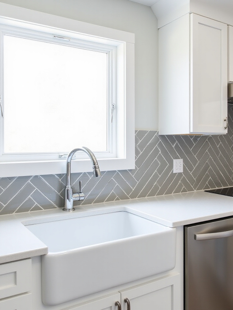 Modern kitchen with light gray chevron tile backsplash