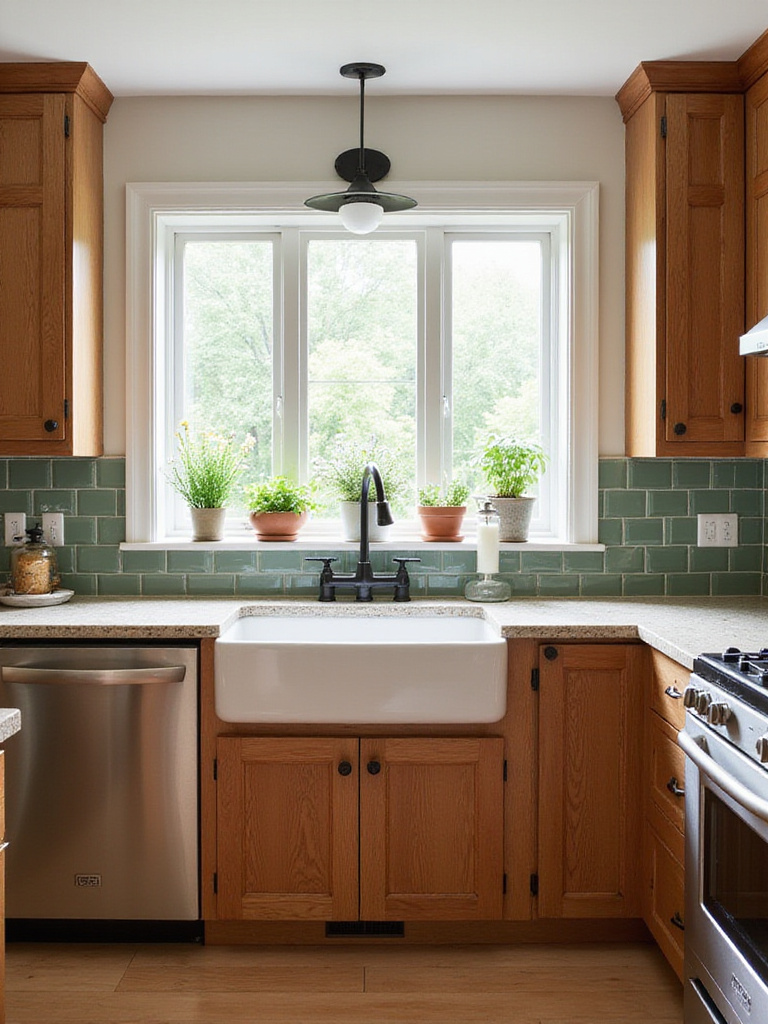 Brown kitchen cabinets with green subway tile backsplash and natural light