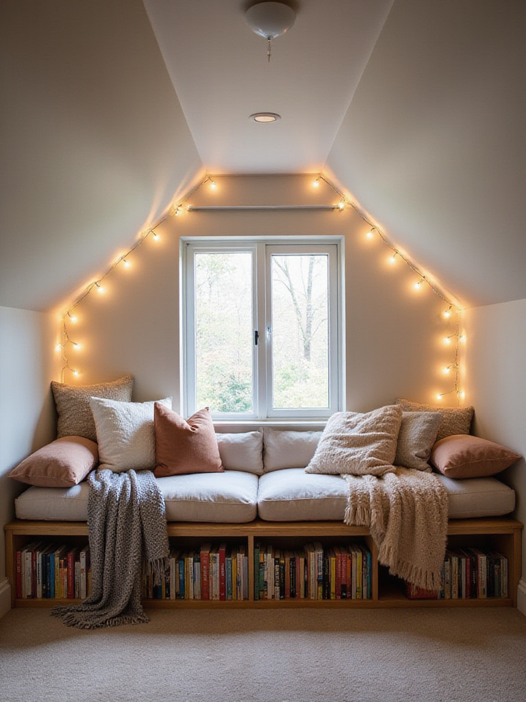 Cozy attic nook under sloped ceiling with built-in bench and bookshelves.