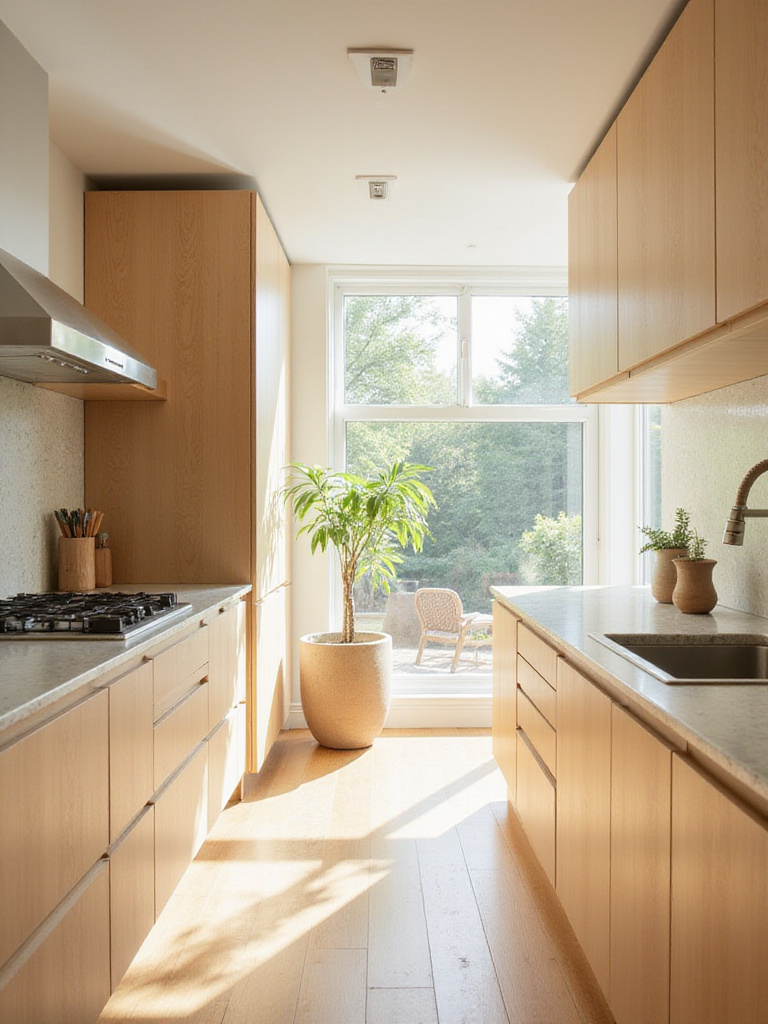 Eco-friendly kitchen with bamboo cabinets and recycled glass countertops.