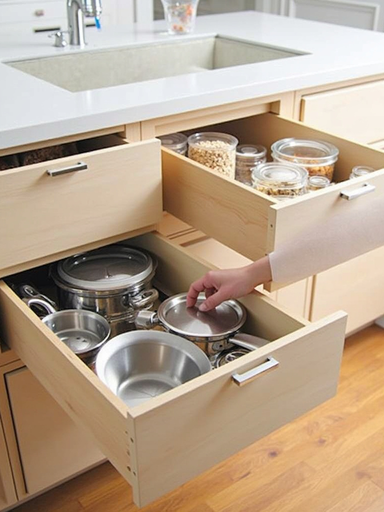 Pull-out drawers in lower kitchen cabinets offering easy access to pots, pans, and dry food containers.