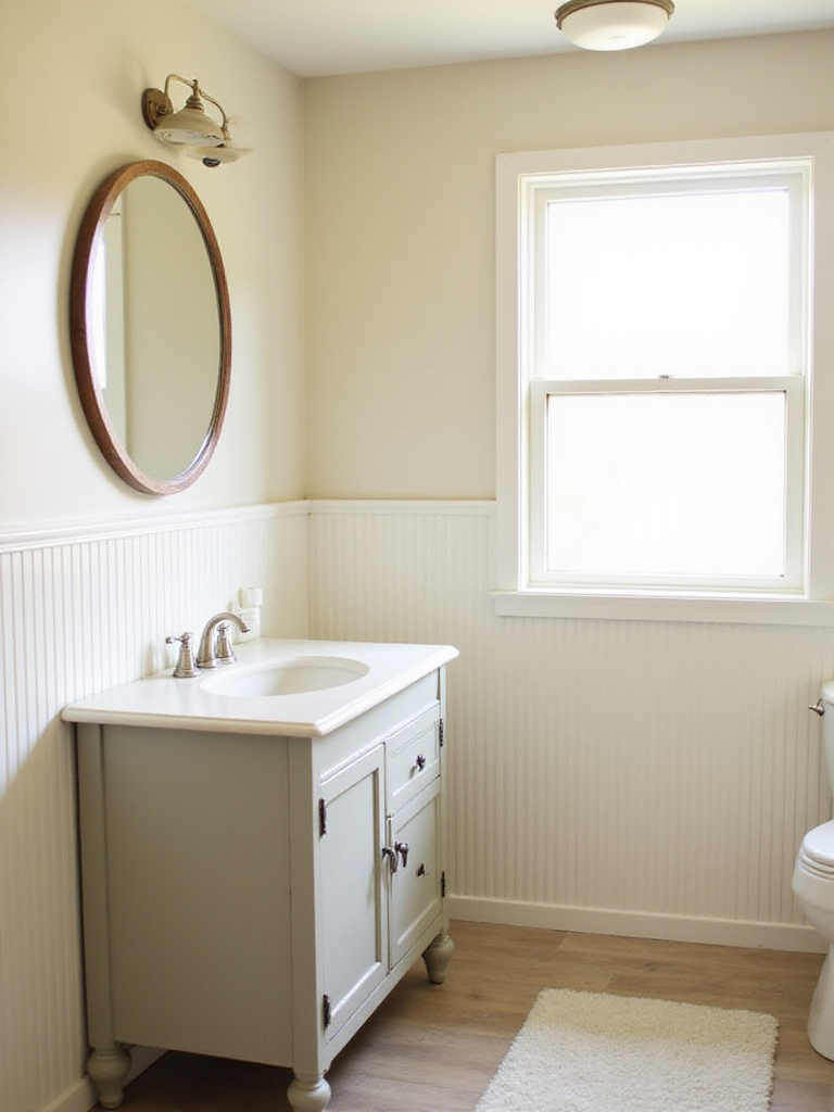 Farmhouse bathroom with creamy white beadboard wainscoting.