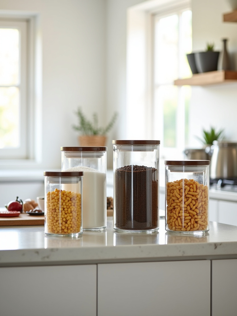 Stylish canisters on kitchen countertop storing dry goods.