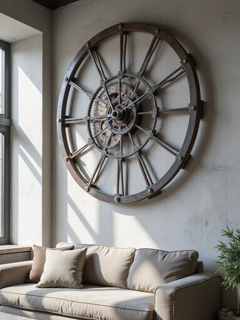 Oversized industrial statement clock on living room wall