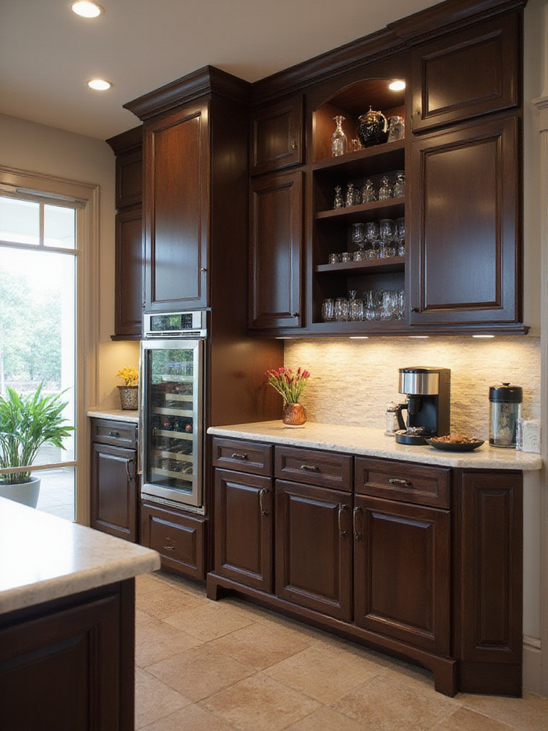 Luxury kitchen with a dedicated beverage center featuring a wine refrigerator and coffee machine.