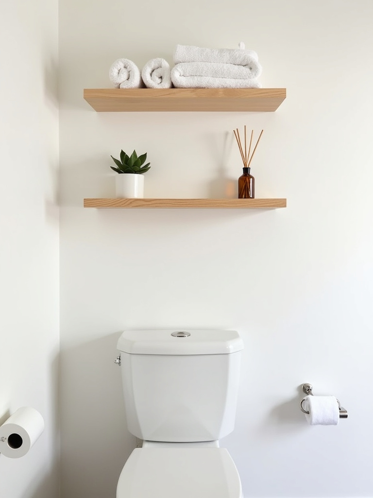Modern bathroom with light wood floating shelves above the toilet for stylish and space-saving storage.