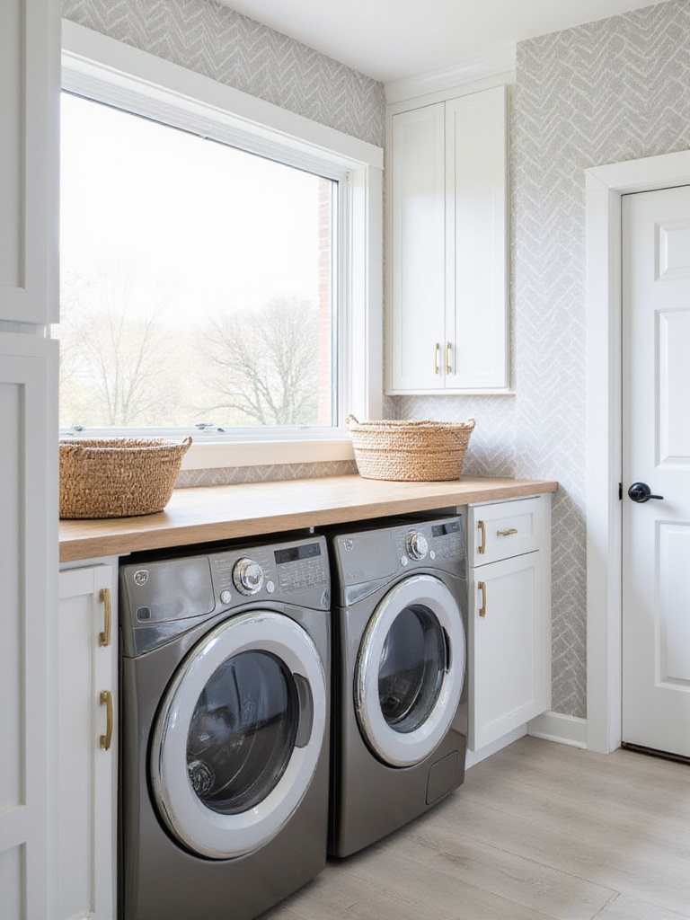 Laundry room with light gray herringbone wallpaper