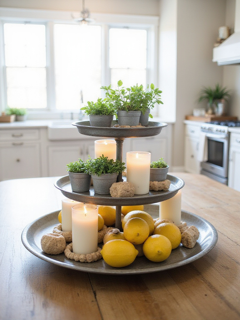 Three-tiered metal tray centerpiece on a kitchen table featuring herbs, lemons, candles, and wooden beads.